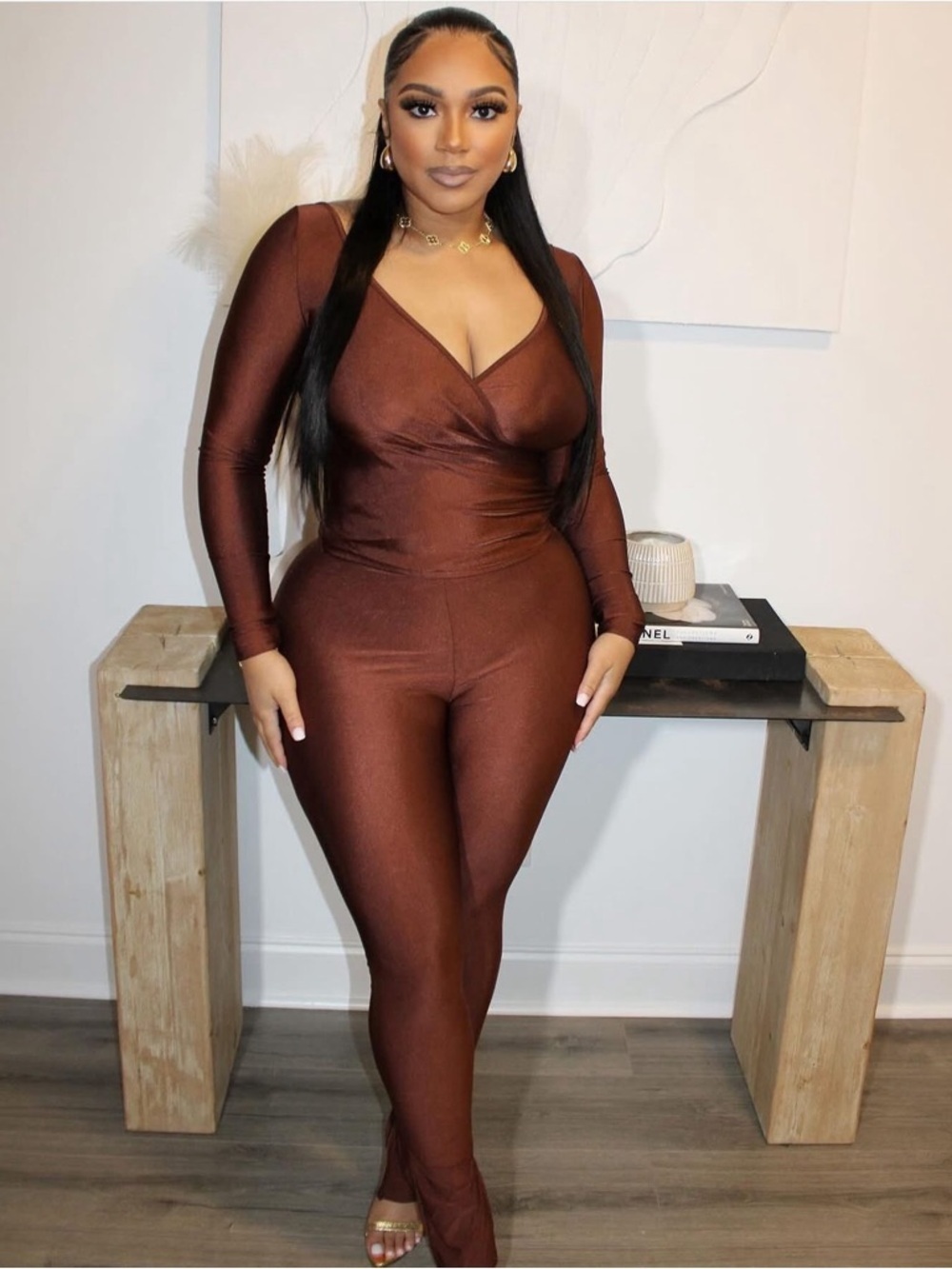 Long Sleeve Brown V-Neck Jumpsuit